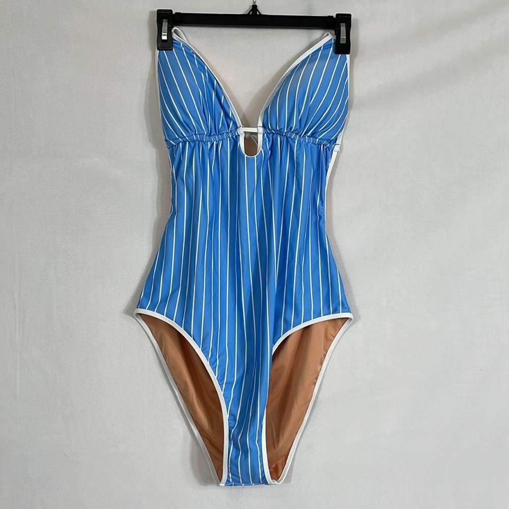 J CREW ONE PIECE KEYHOLE STRIPE HALTER SWIMSUIT NWT Size 16 - Picture 5 of 13